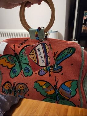 NWT Sally Huss Hand-Painted Coral Butterfly Tote with Wooden Ring Handles